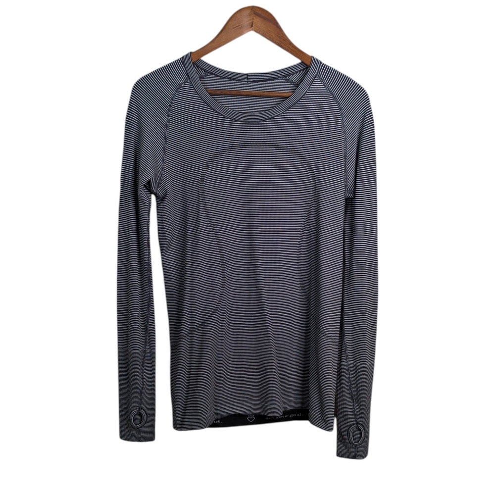 Lululemon Swiftly Tee Top 10 Long Sleeve Striped Black Gray Crew Neck Athletic